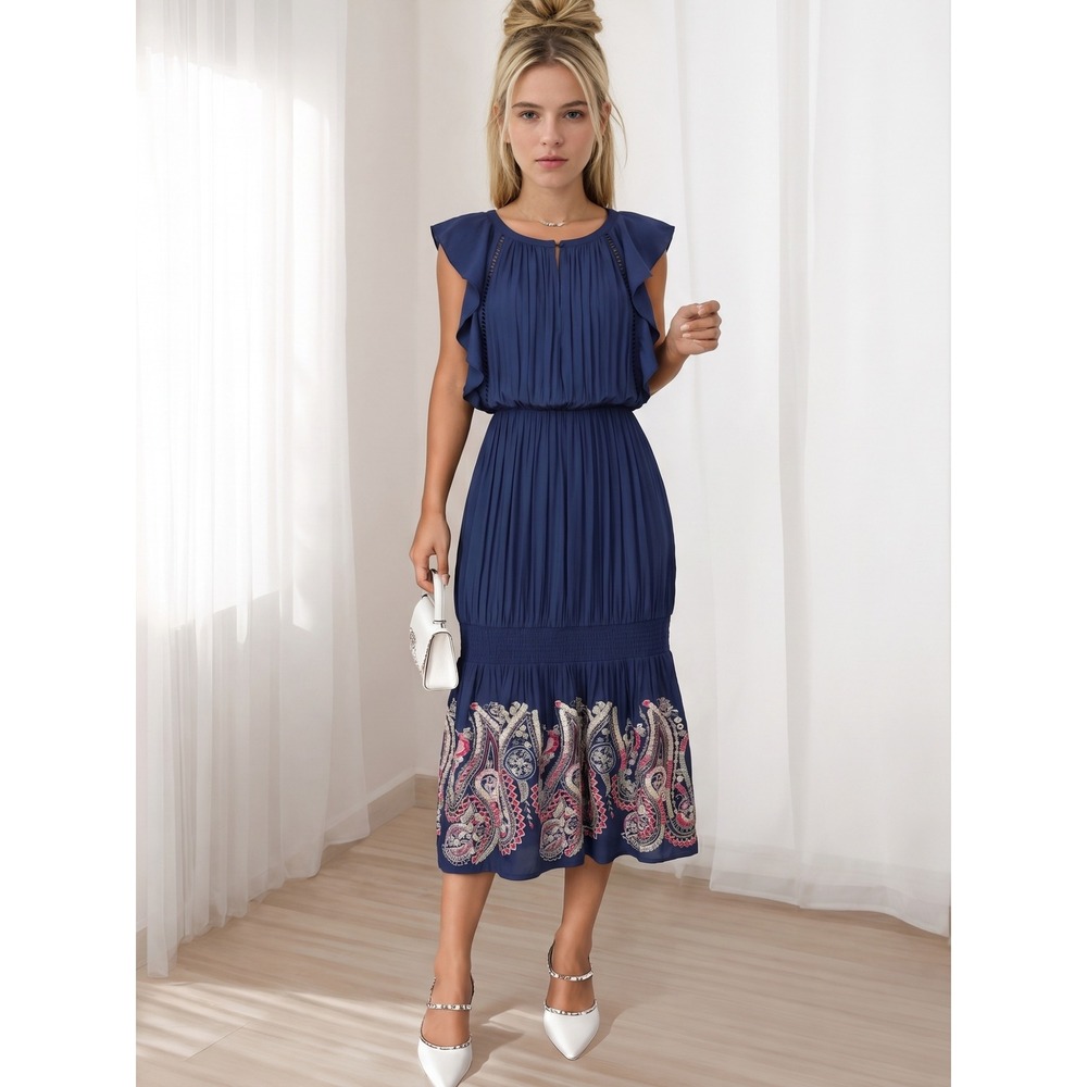 Ramy Brook Women's Roxanne Embroidered Sleeveless Short Dress Blue Flutter Sz XS
